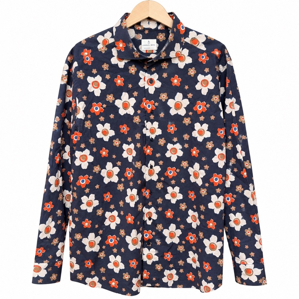 Emanuel Berg Mens XXL Navy Floral Modern Fit Long Sleeve Button Down Shirt